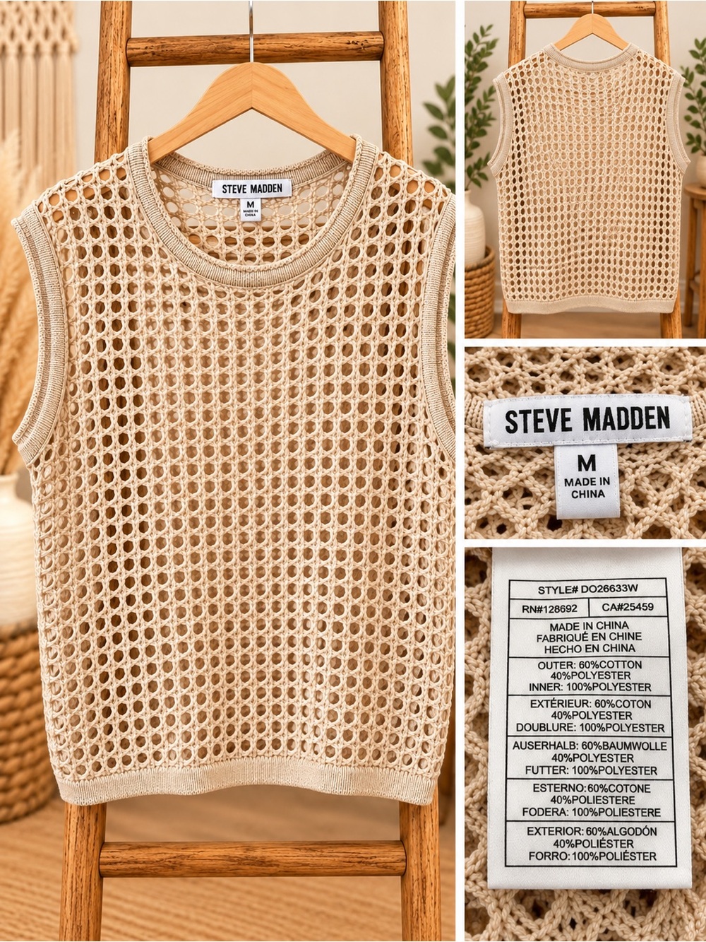 Steve Madden Neutral Beige Crochet Tank Top NWT Size M